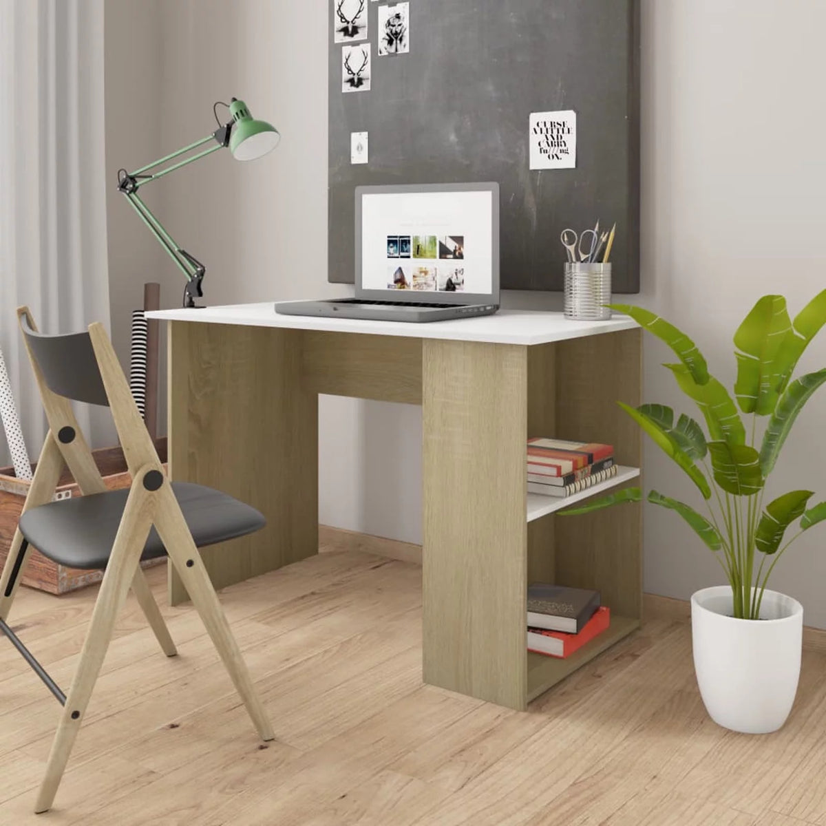 White Computer Desk with Side Storage Shelves B954505