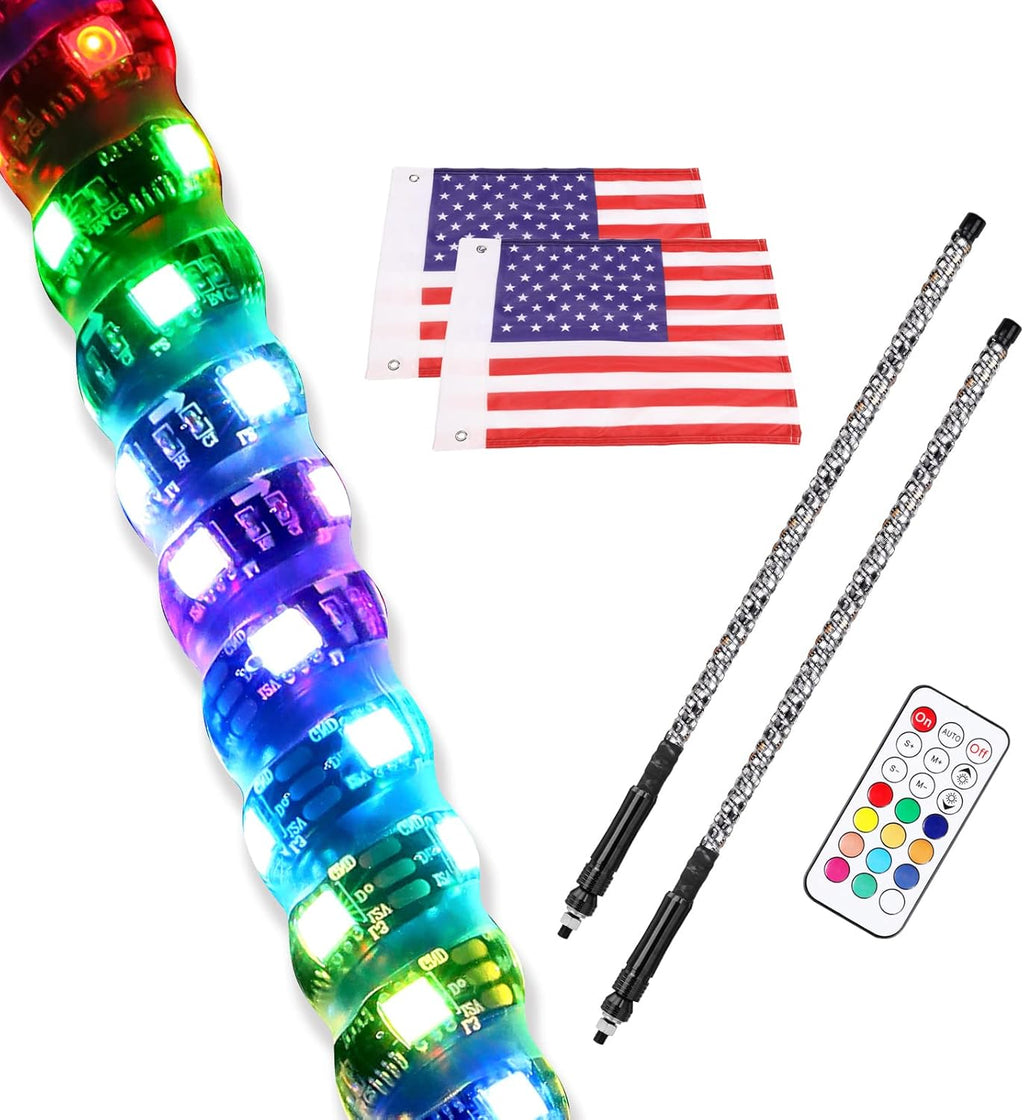 2PCS 3FT RGB Spiral LED Whip Lights for UTV ATV Offroad Trucks L209