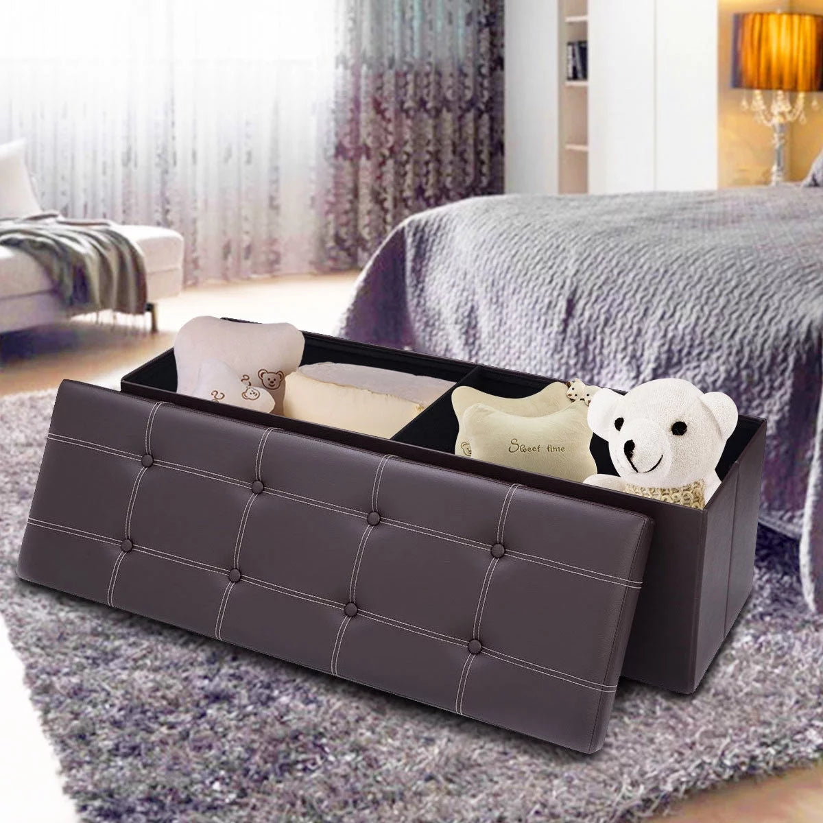 Brown Faux Leather Folding Storage Ottoman V291181
