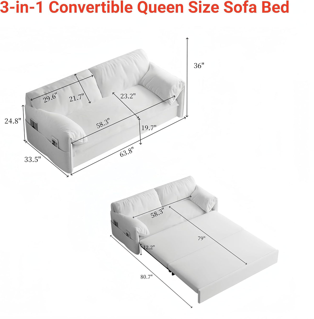 63.8" Queen Pull Out Velvet Sofa Bed with 2 Pillows P902362