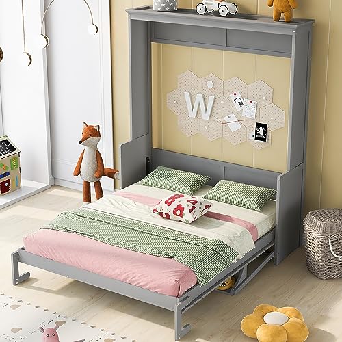 White Queen Size Murphy Bed with Storage Shelves and LED Lights E2334