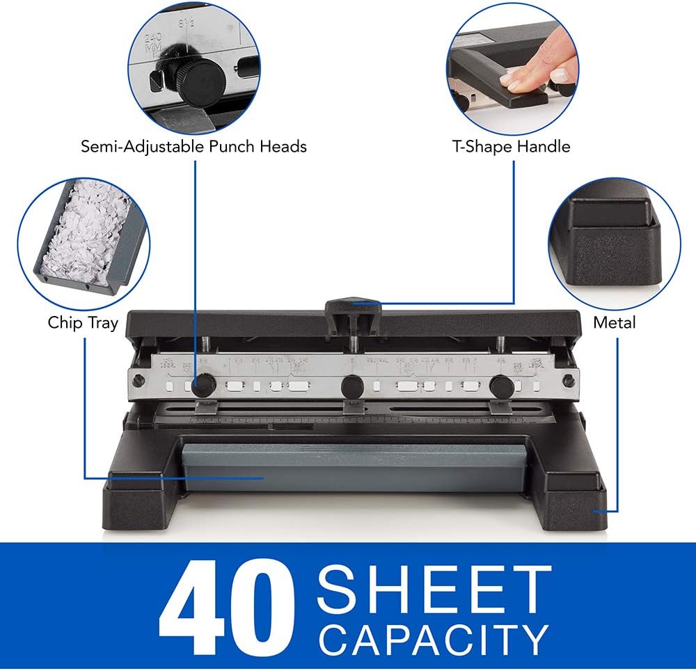 Heavy Duty Adjustable Hole Punch, 40 Sheet Capacity, Black E5170