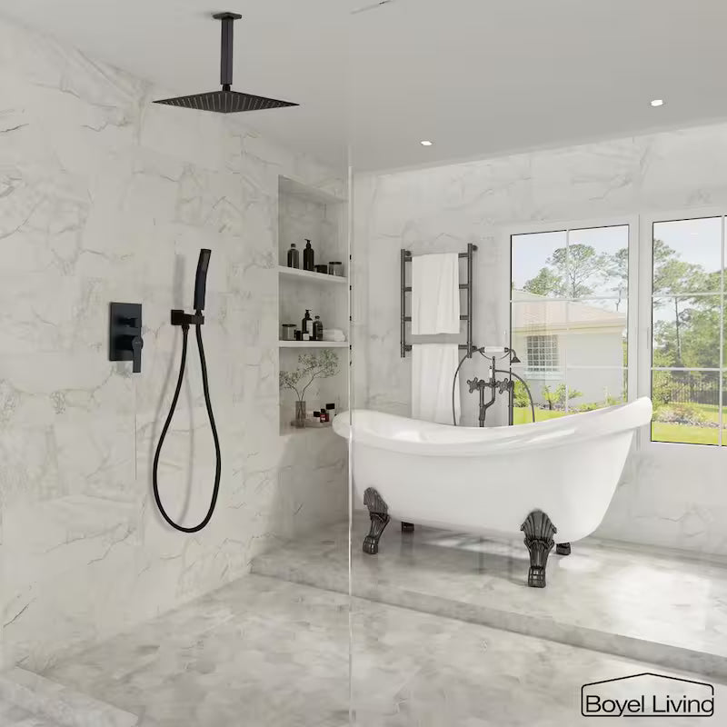 12 in. Ceiling Mount Dual Shower Heads with Pressure Balance Valve in Matte Black I430