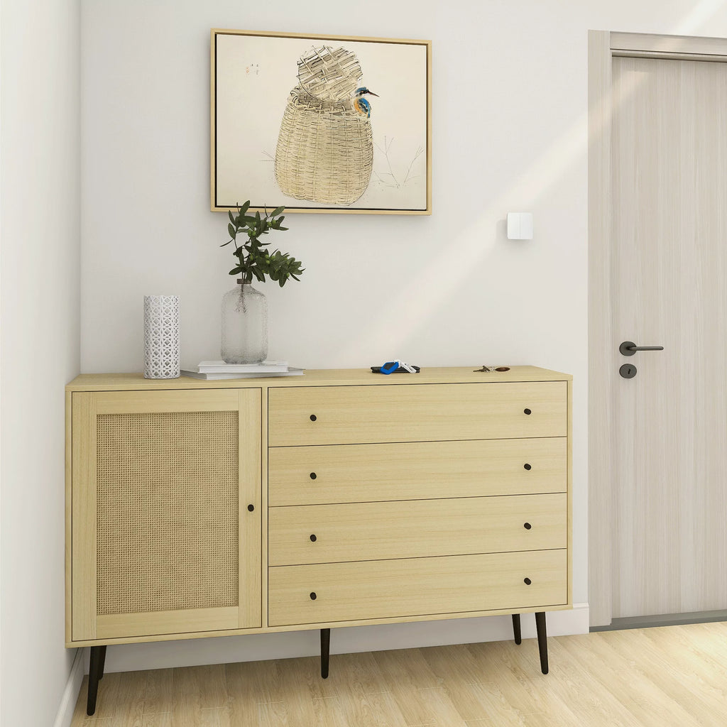 Natural Wood Storage Cabinet with Door and 4 Drawers W81678