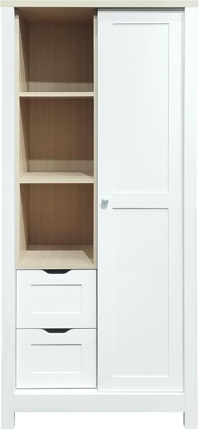 White Freestanding Wooden Armoire Wardrobe with 1 Sliding Door and 2 Drawers T554
