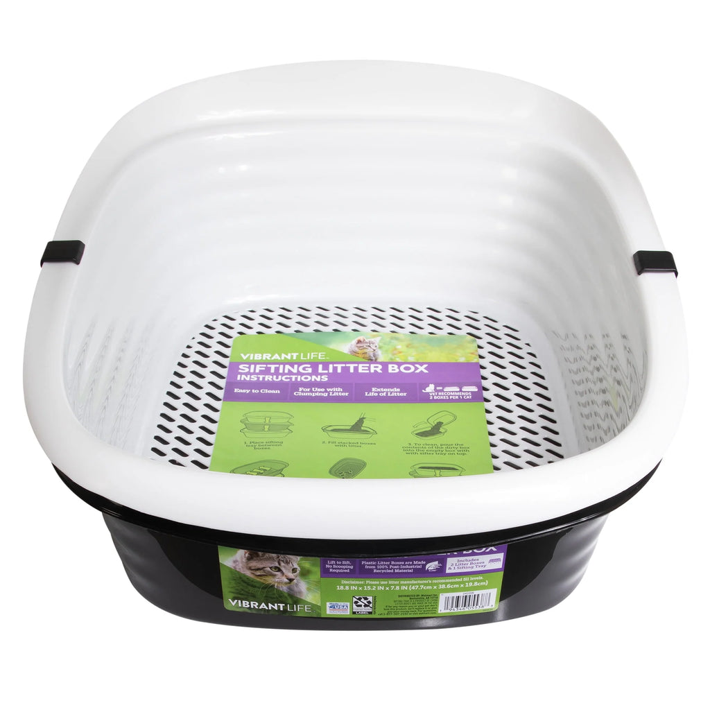 2 Open Top Plastic Cat Litter Pans and Tray, Large, Black J890