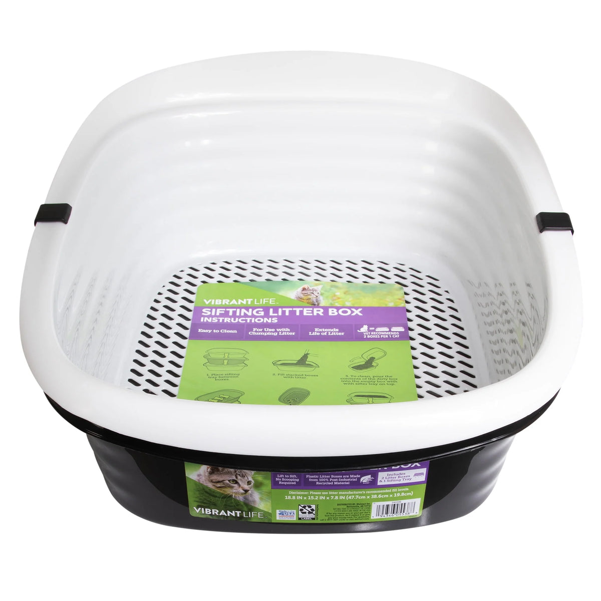 2 Open Top Plastic Cat Litter Pans and Tray, Large, Black J890
