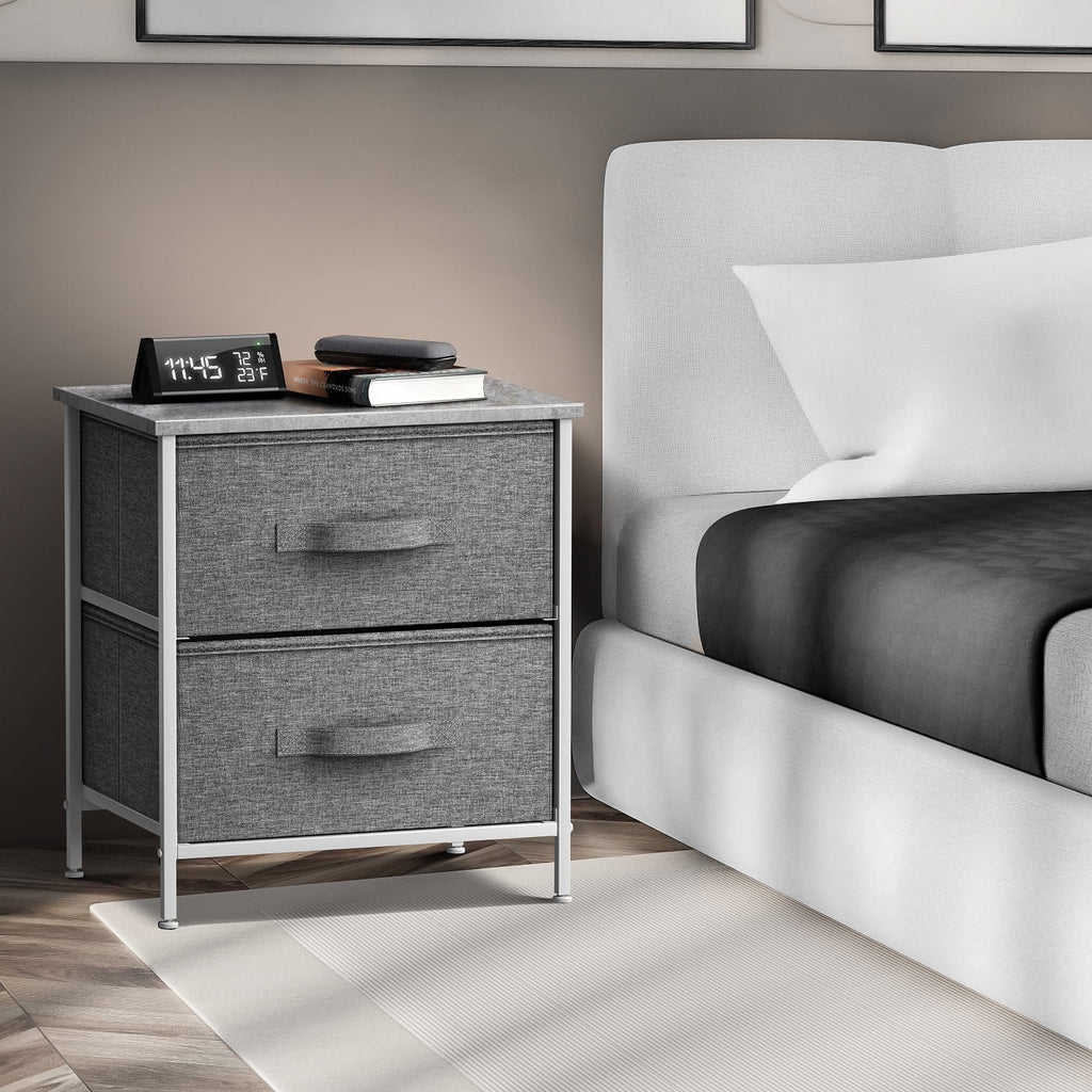 2 Drawer Nightstand with Steel Frame, Wood Top, Fabric Bins A917744