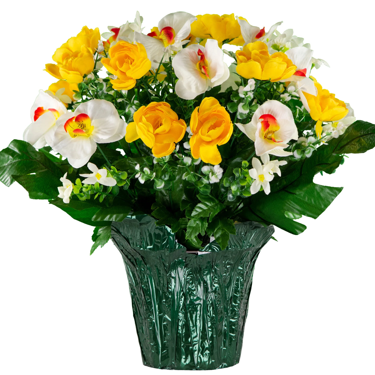 Artificial Yellow Cabbage Rose and White Orchids Flower Pot S9327