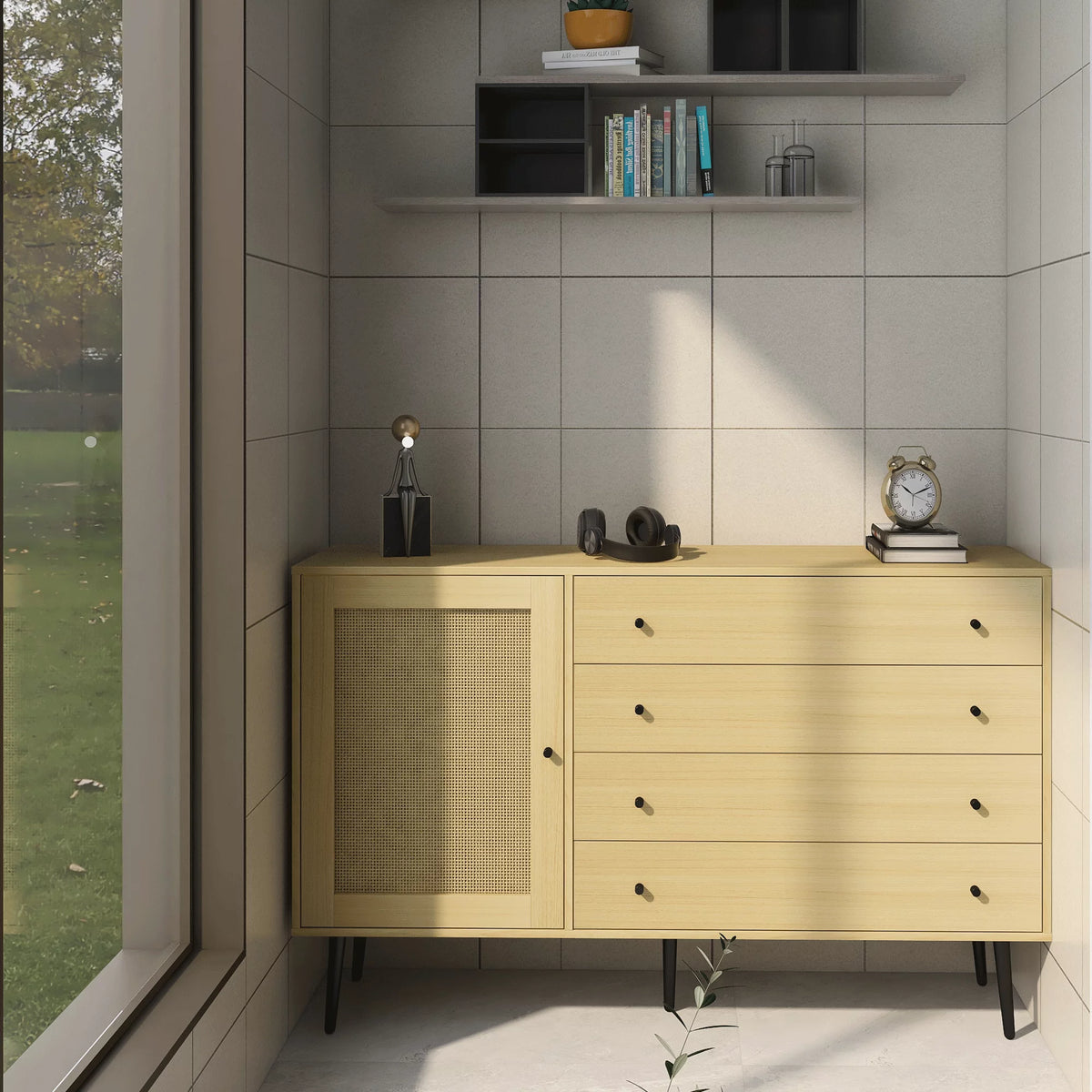 Natural Wood Storage Cabinet with Door and 4 Drawers W81678