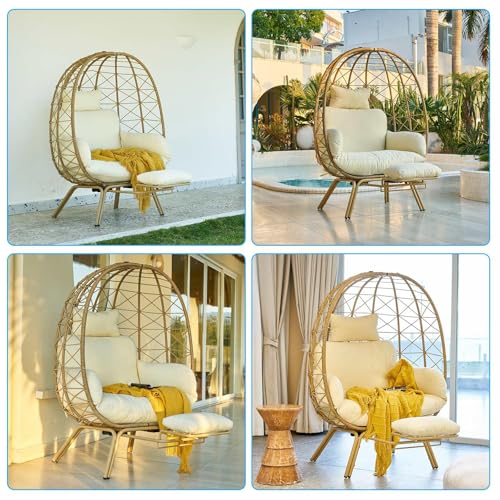 Oversized Beige Wicker Egg Chair with Cushion & Footrest C43527