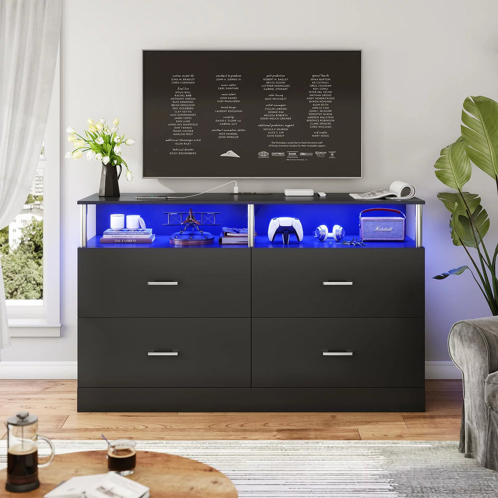 Black 6 Drawer Dresser with Charging Station and LED Light O335