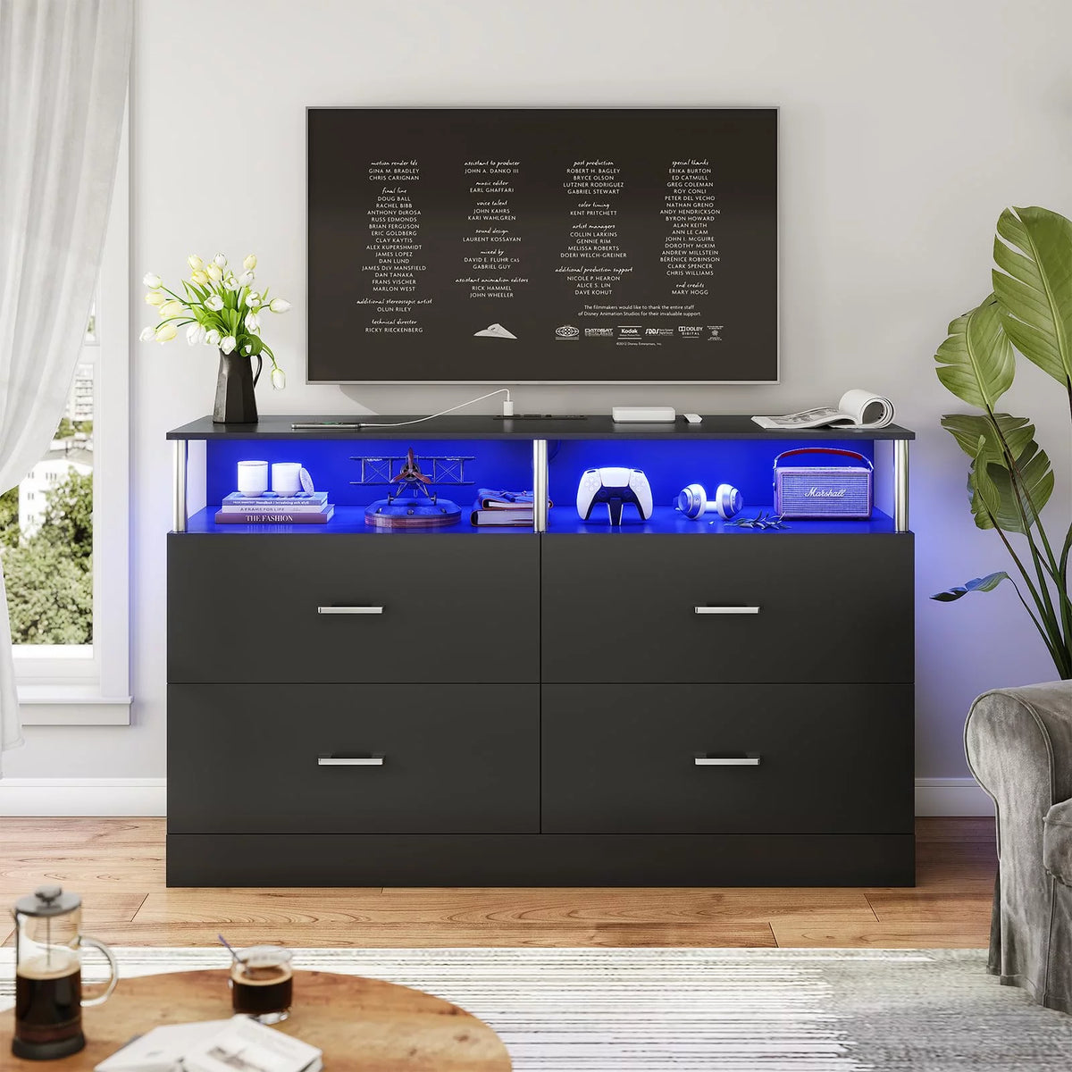Black 6 Drawer Dresser with Charging Station and LED Light O335