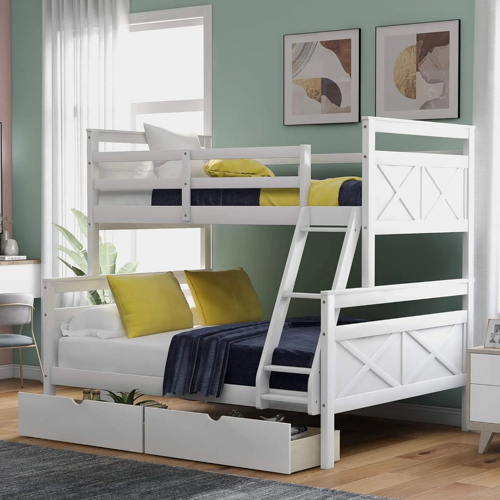 White Wooden Bunk Bed with 2 Storage Drawers and Ladder Y394