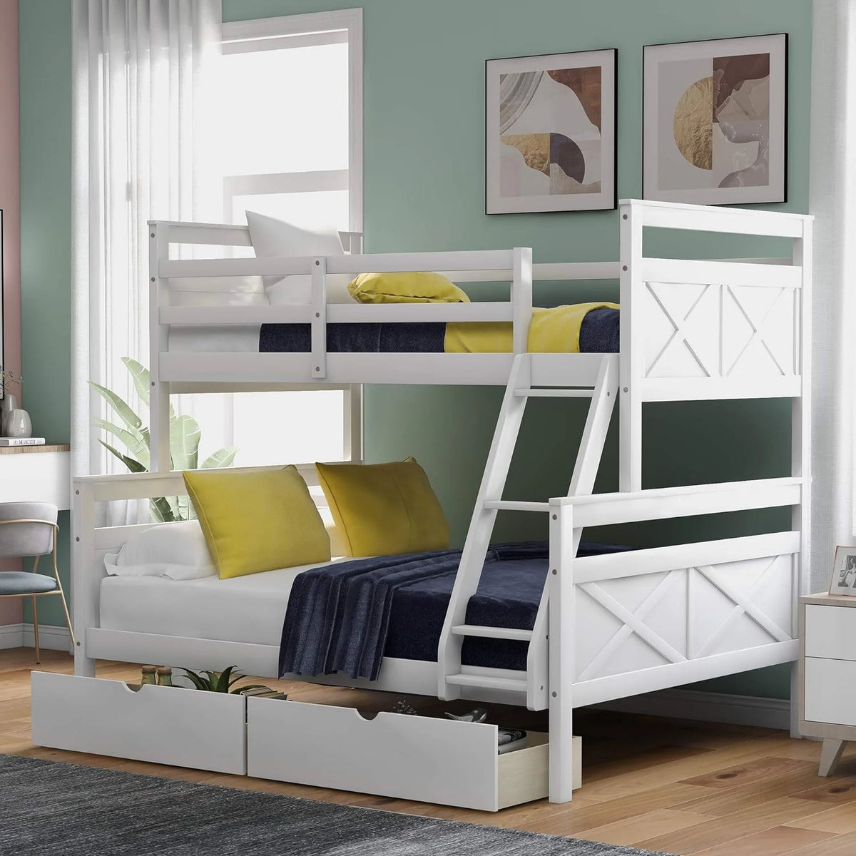 White Wooden Bunk Bed with 2 Storage Drawers and Ladder Y394