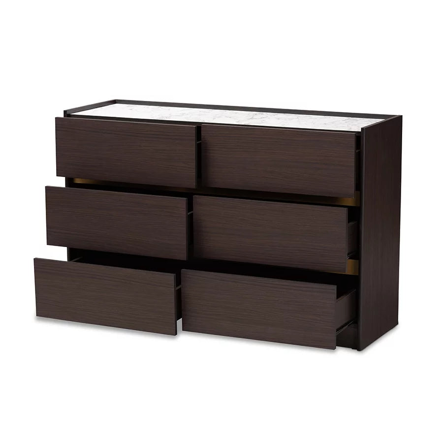 Dark Brown Gold Wood 6-Drawer Dresser with Faux Marble Top S6118