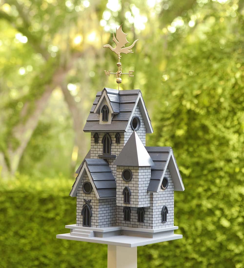 Gothic Castle Birdhouse with Metal Dragon Weathervane N987