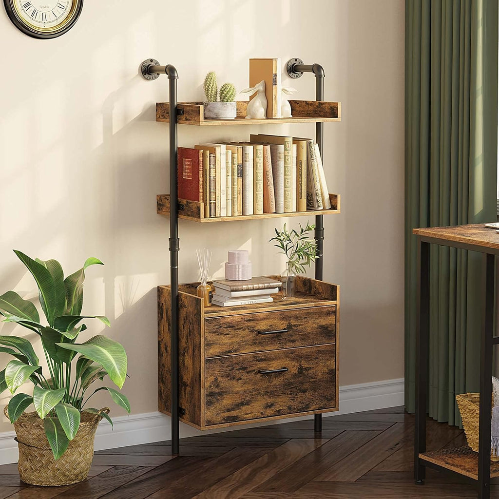 Industrial Bookshelf with 2 Wood Drawers, Wall Mounted 3-Tier Bookcase, Rustic Brown F5054
