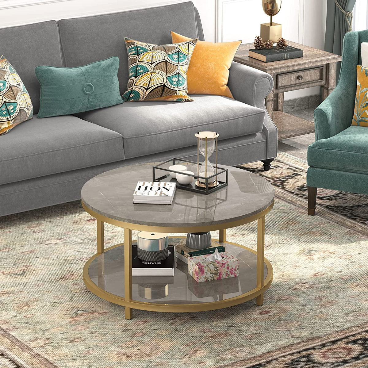 Round Coffee Table with Storage Open Shelf I205