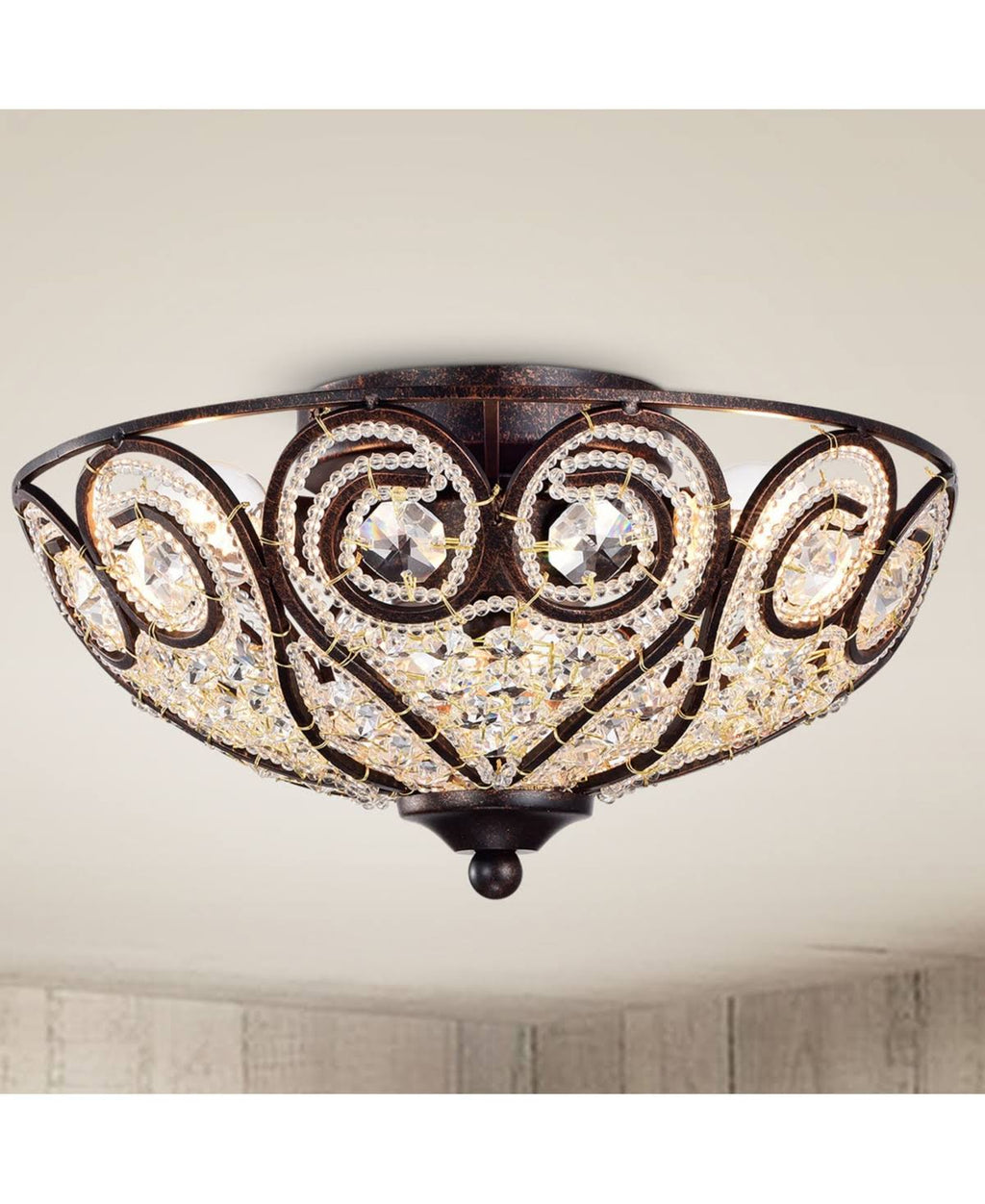 Rustic Bronze Flushmount Ceiling Lamp with Crystal Shade J907397
