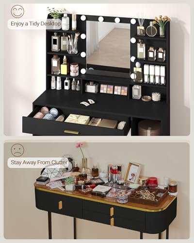 Black Vanity Desk with Mirror and 10 LED Lights R74410