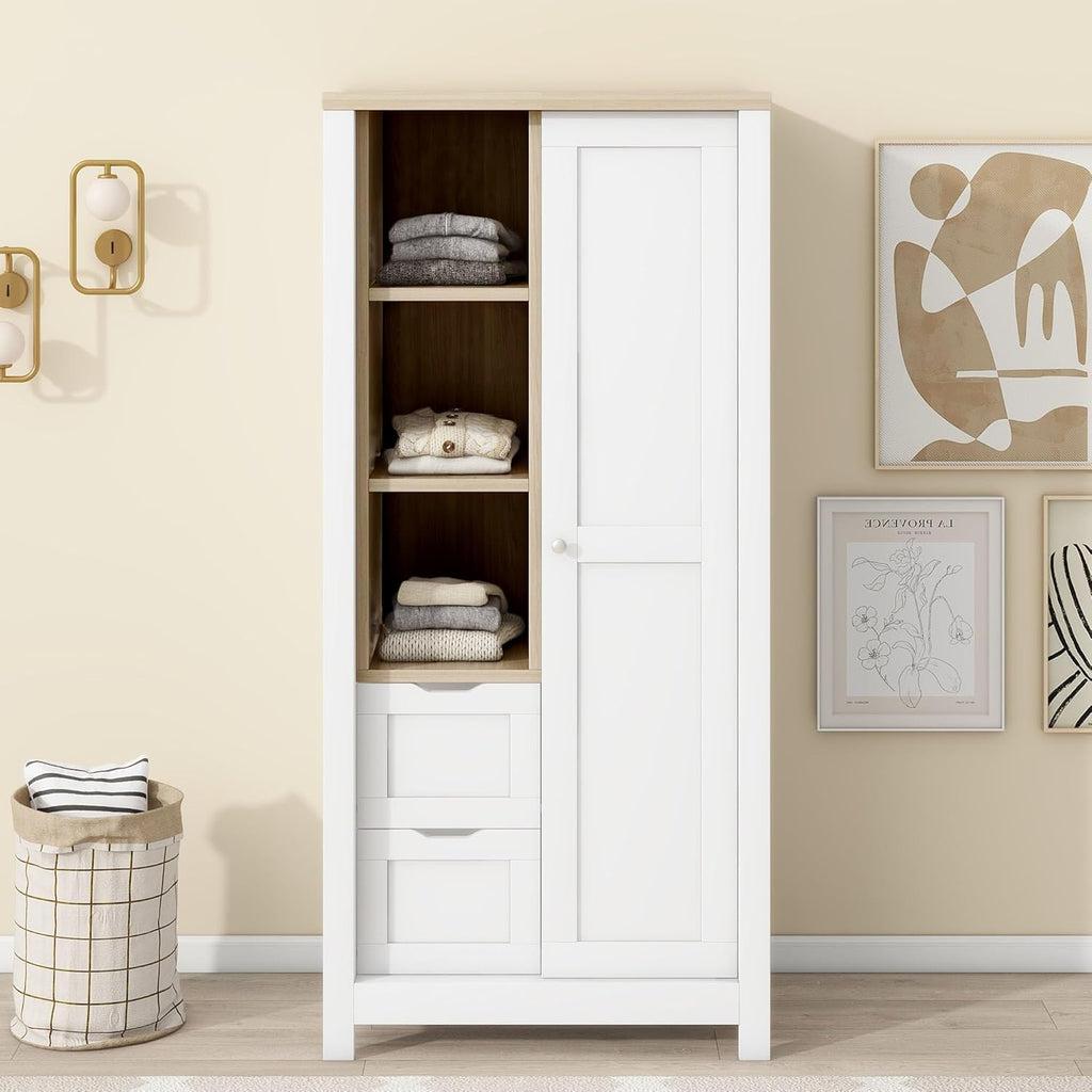 White Freestanding Wooden Armoire Wardrobe with 1 Sliding Door and 2 Drawers T554