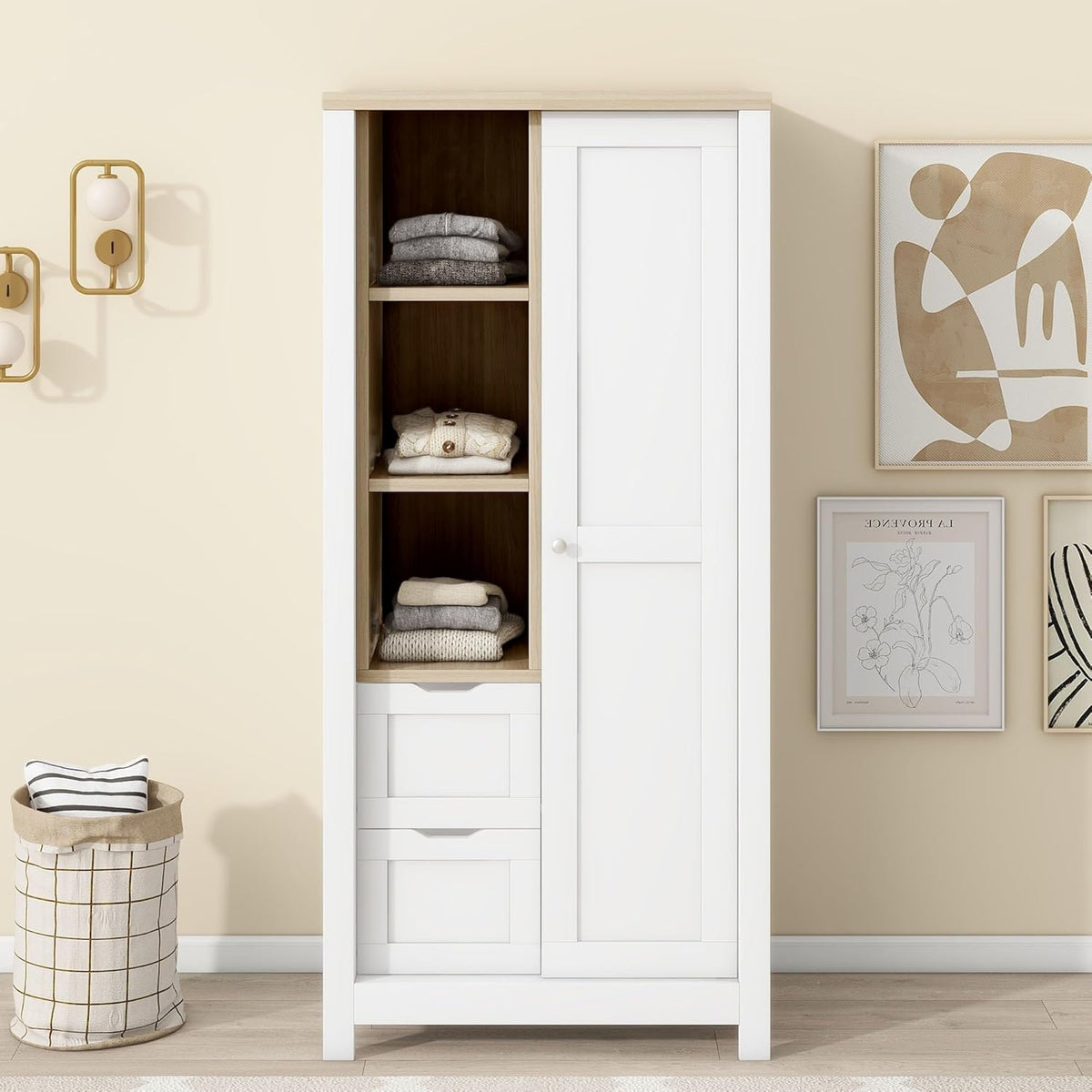 White Freestanding Wooden Armoire Wardrobe with 1 Sliding Door and 2 Drawers T554