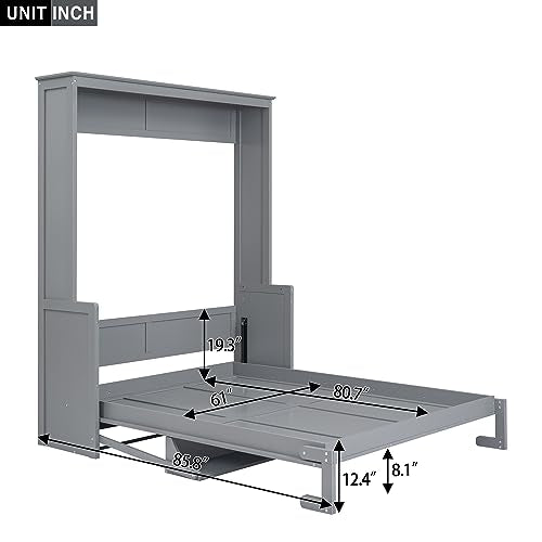 White Queen Size Murphy Bed with Storage Shelves and LED Lights E2334