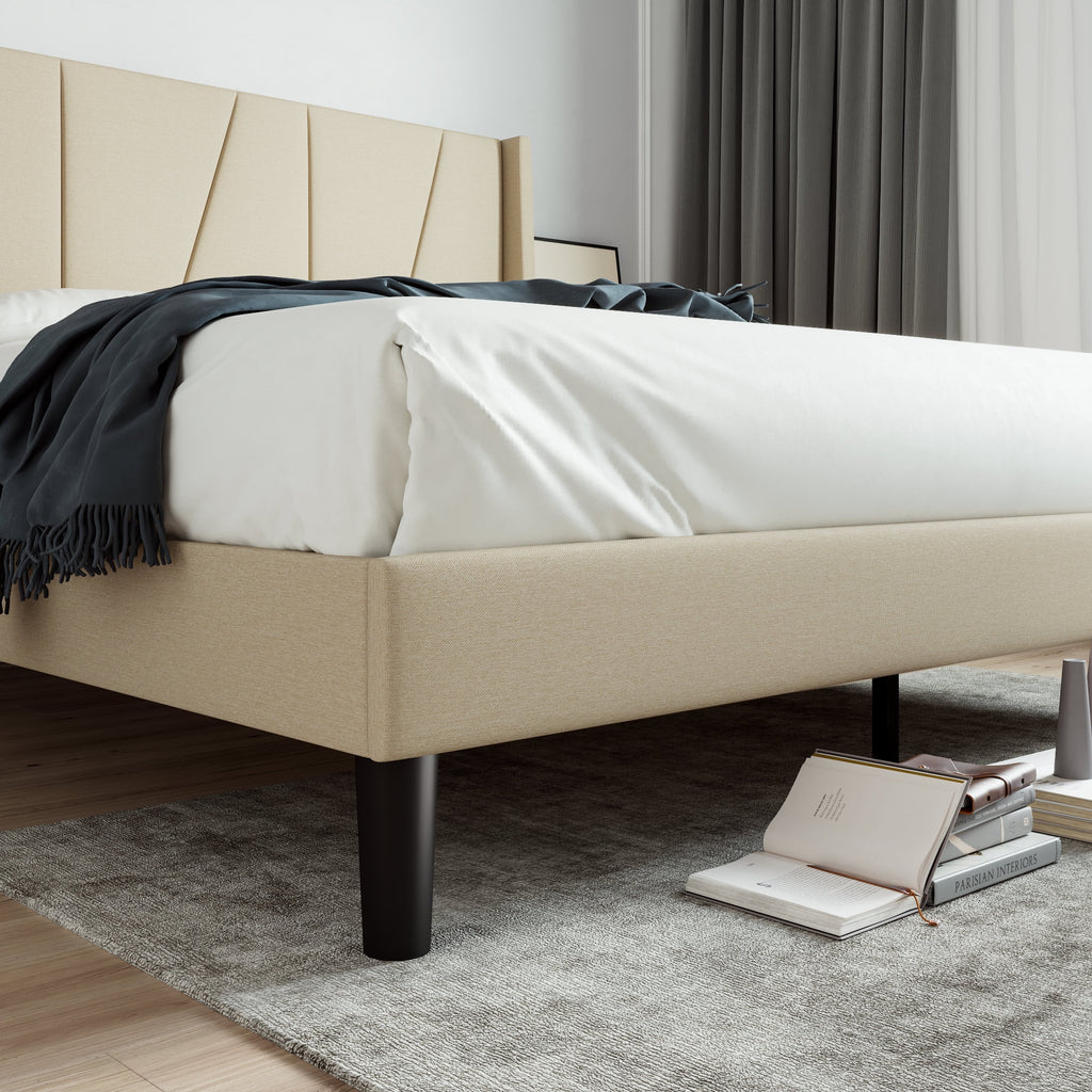 King Size Beige Upholstered Platform Bed with Wingback P650