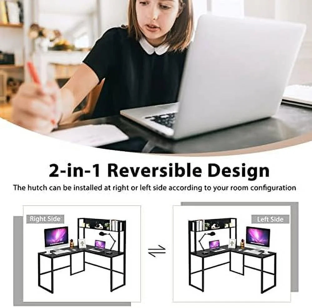 Reversible L-Shaped Corner Computer Desk with Hutch T4025