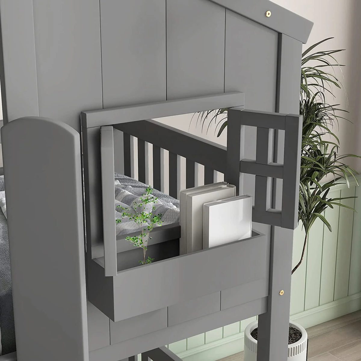 Gray Wood Kids Bed with Roof and Guardrails X18615