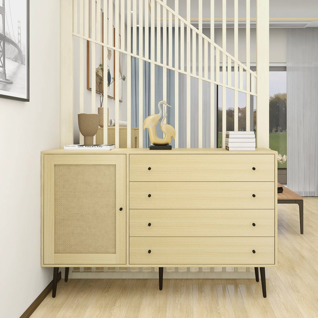 Natural Wood Storage Cabinet with Door and 4 Drawers W81678