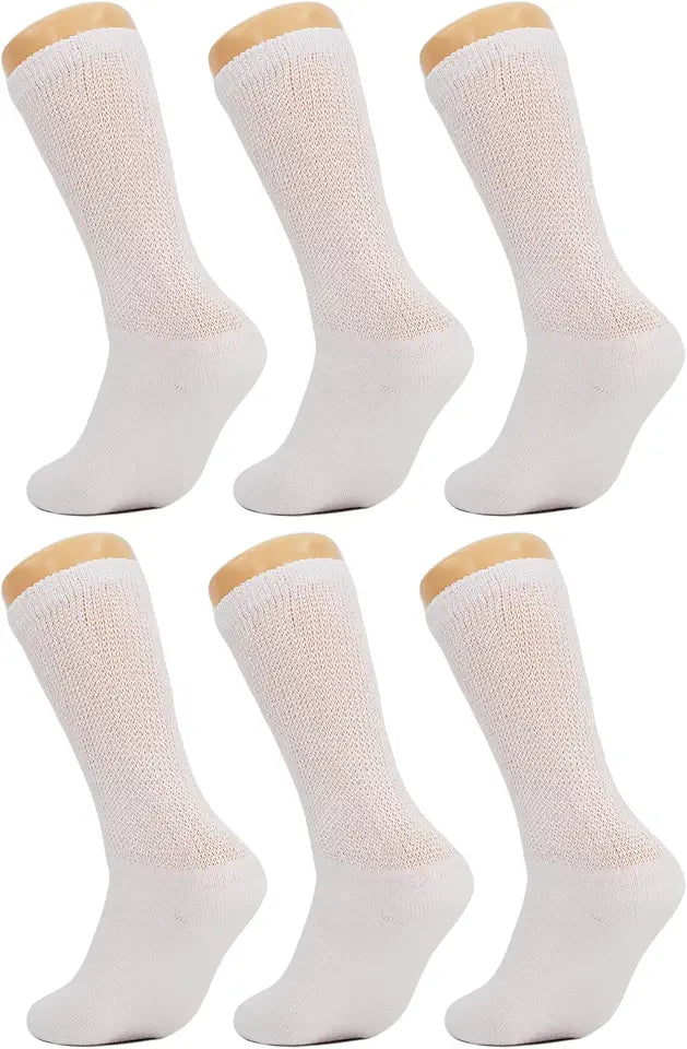 White Diabetic Crew Socks with Non Binding Top 6 Pairs D1272