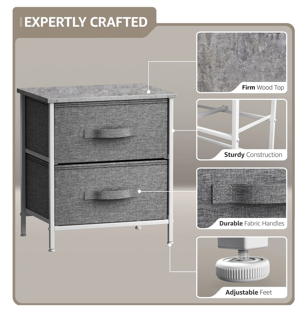 2 Drawer Nightstand with Steel Frame, Wood Top, Fabric Bins A917744