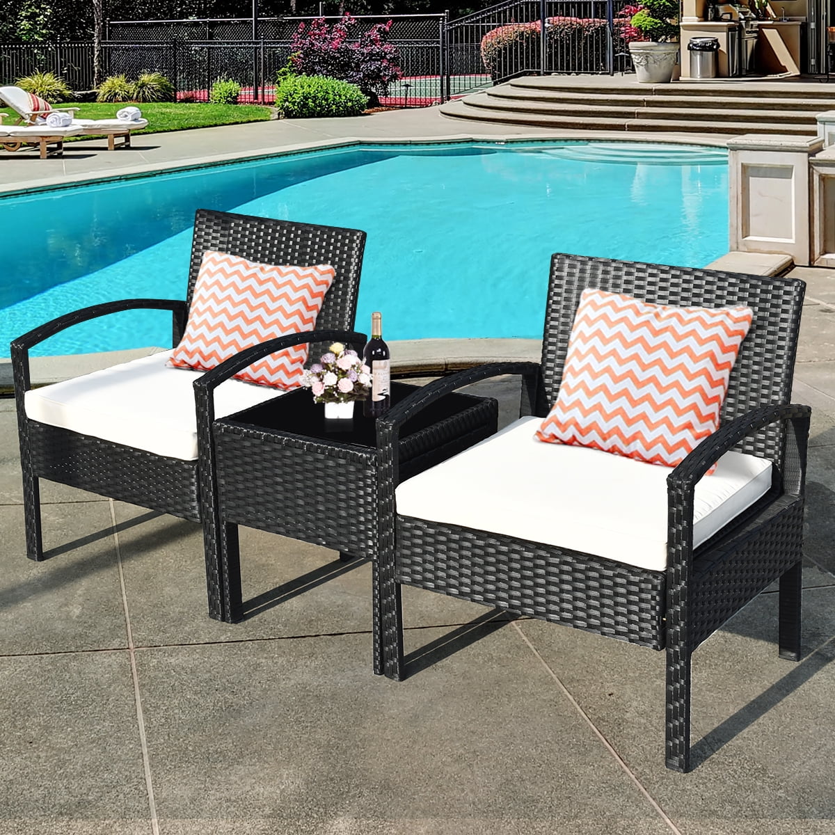3 Pc Patio Rattan Furniture Set with Cushions I63846
