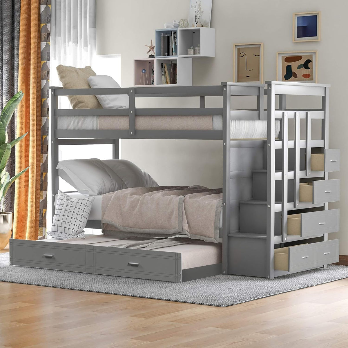 Grey Wood Twin Over Twin Bunk Bed with Trundle and Storage Drawers C513211