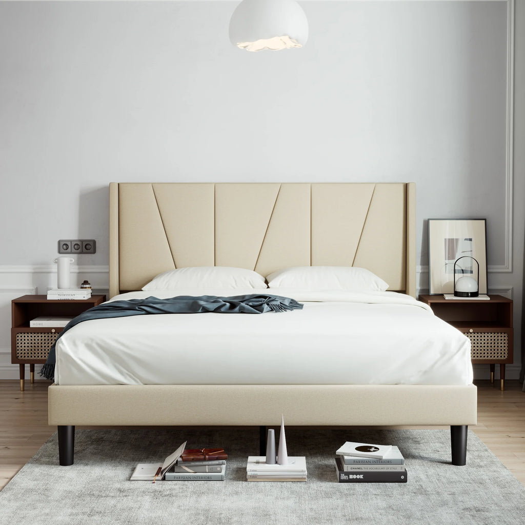 King Size Beige Upholstered Platform Bed with Wingback P650