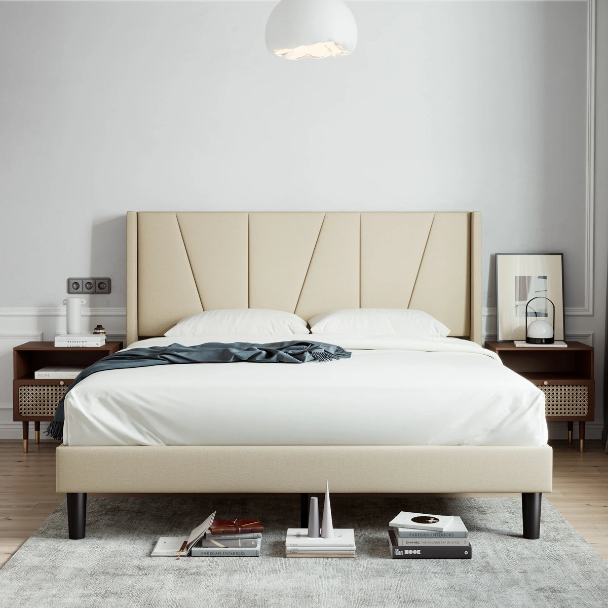 King Size Beige Upholstered Platform Bed with Wingback P650