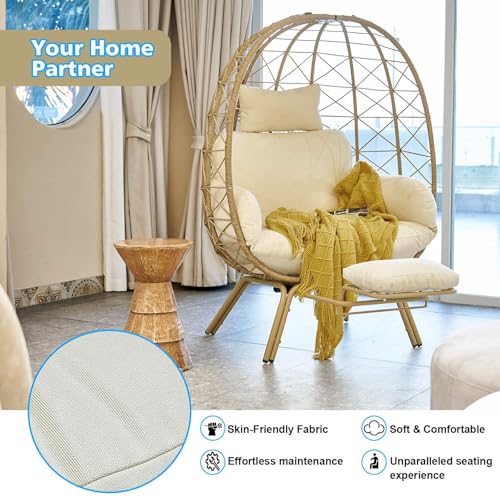 Oversized Beige Wicker Egg Chair with Cushion & Footrest C43527