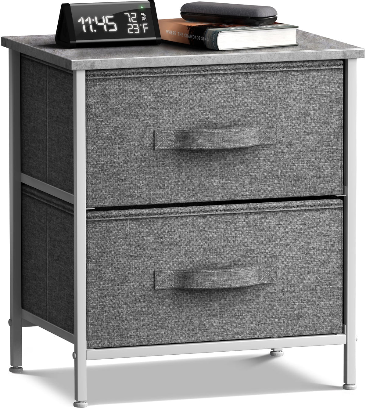 2 Drawer Nightstand with Steel Frame, Wood Top, Fabric Bins A917744