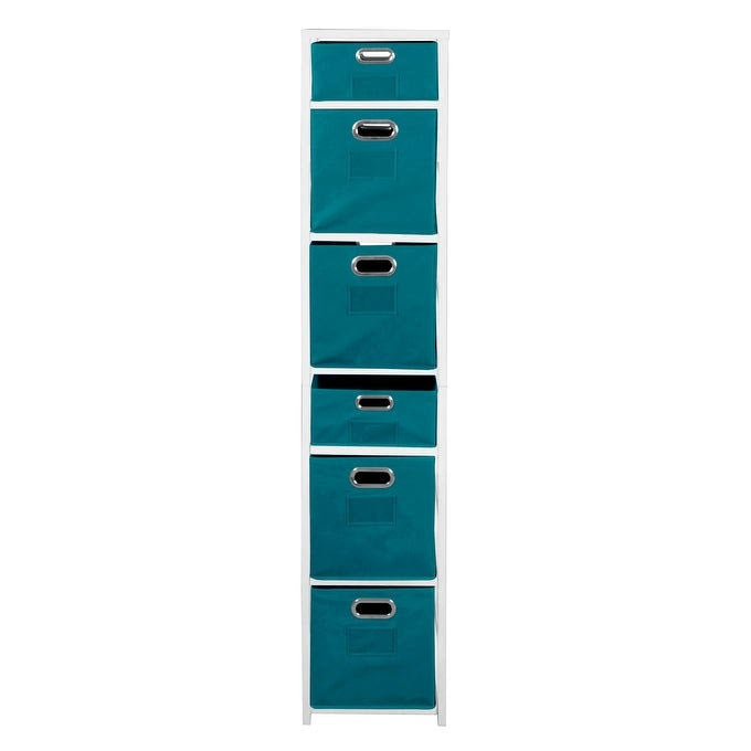 White Teal Square Folding Bookcase with Fabric Bins B4406