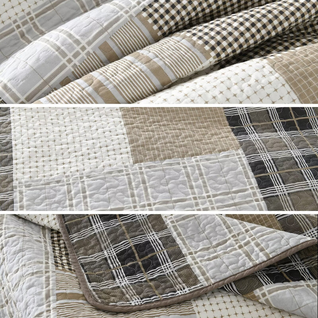 King Size 100% Cotton Beige Brown Patchwork Plaid Quilt Set 3-Piece O4744