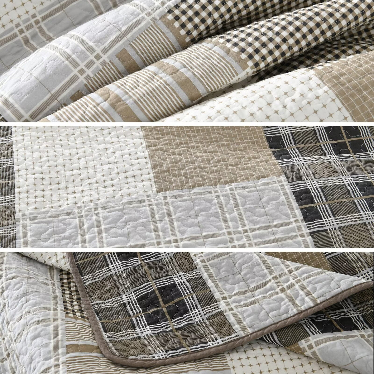 King Size 100% Cotton Beige Brown Patchwork Plaid Quilt Set 3-Piece O4744