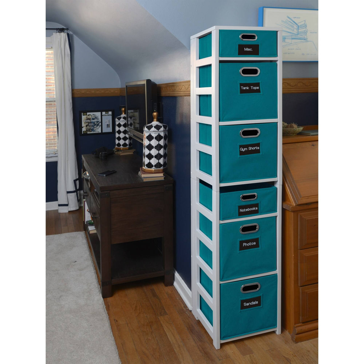 White Teal Square Folding Bookcase with Fabric Bins B4406