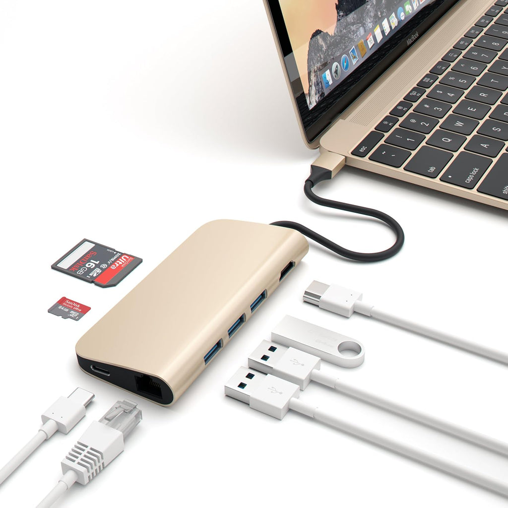 Aluminum Multi-Port Adapter 4K HDMI USB-C Gigabit Ethernet SD Micro Card Readers USB 3.0 Gold W5813