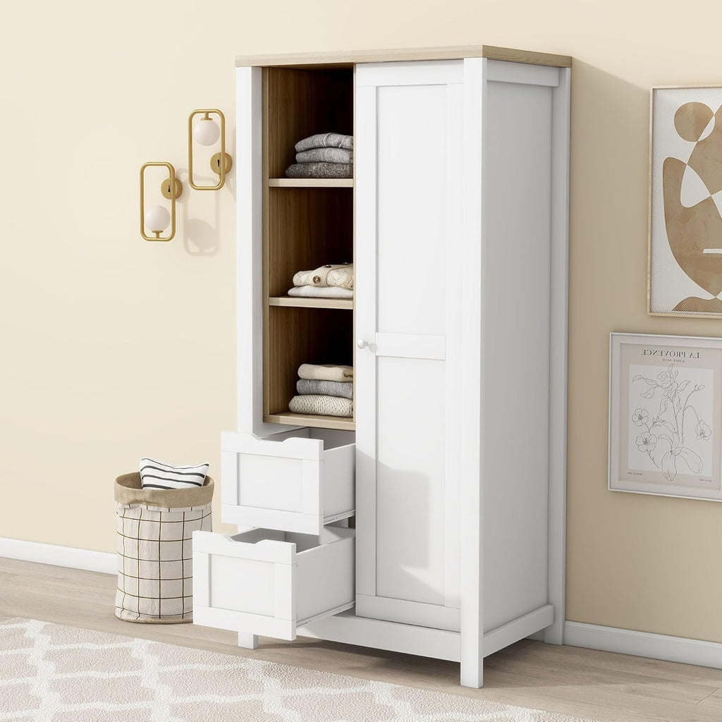 White Freestanding Wooden Armoire Wardrobe with 1 Sliding Door and 2 Drawers T554