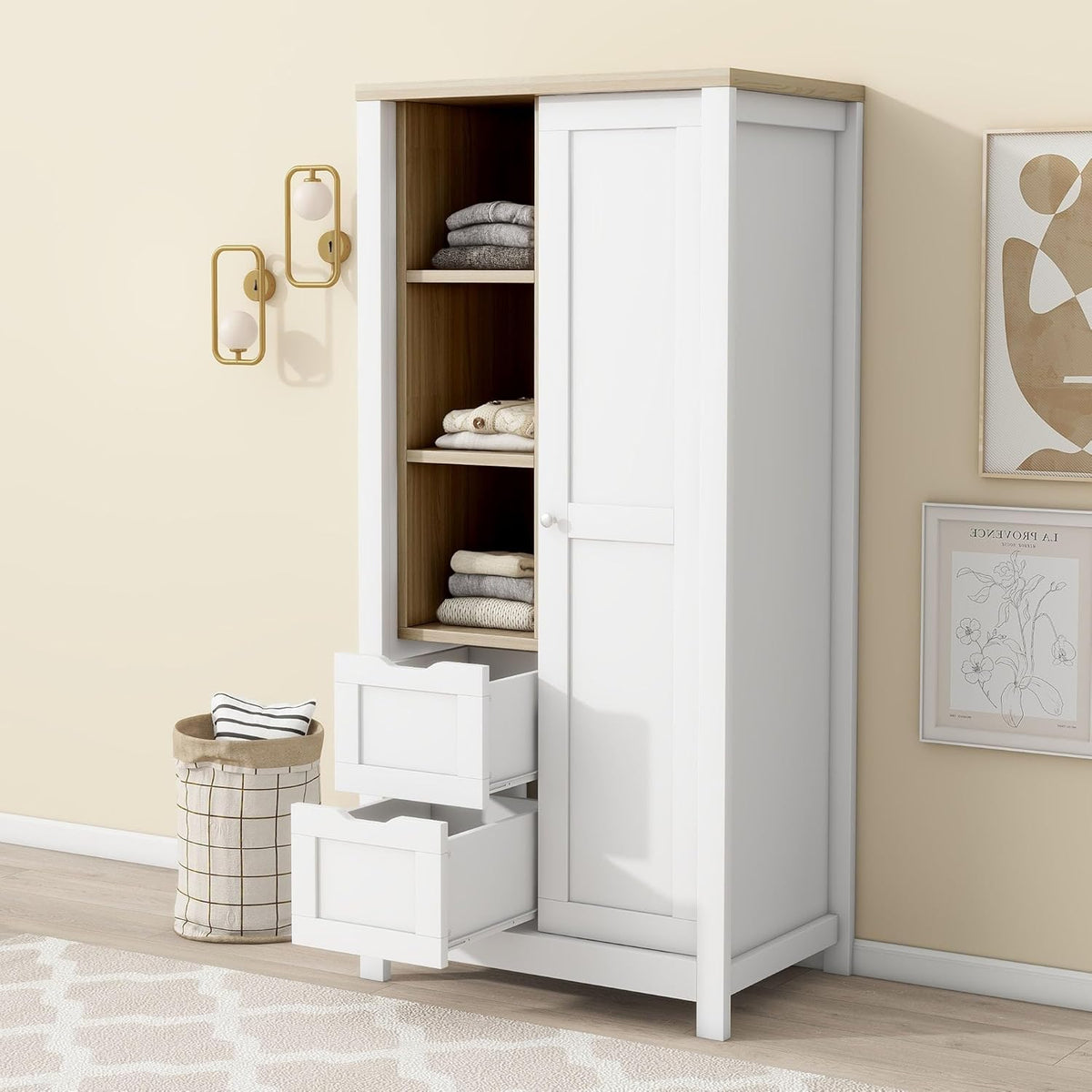 White Freestanding Wooden Armoire Wardrobe with 1 Sliding Door and 2 Drawers T554