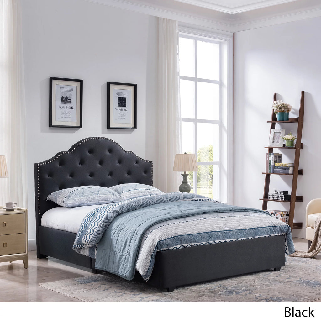 Black Button-Tufted Upholstered Queen Bed Frame U547366