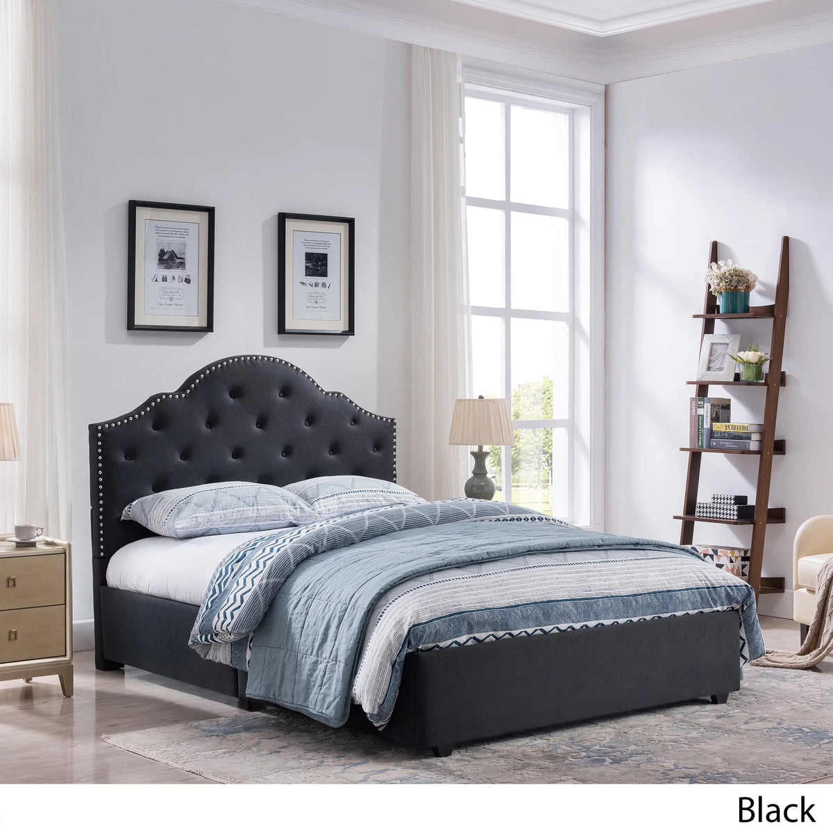 Black Button-Tufted Upholstered Queen Bed Frame U547366