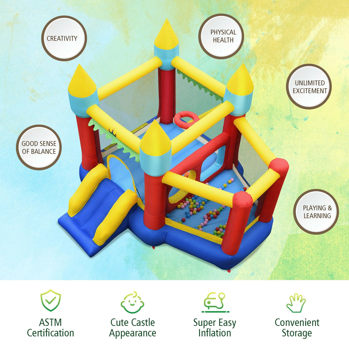 Inflatable Bounce House Slide with Tunnels Ball Pit & 480W Blower L1388